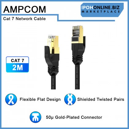AMPCOM CAT7 Ethernet Cable Shielded Flat Type RJ45 2M - 2.5G/5G/10Gbps Network Patch Cord For Gaming Server Workstation Host AMPCOM CAT7 Ethernet Cable Shielded Flat Type RJ45 2M - 2.5G/5G/10Gbps Network Patch Cord For Gaming Server Workstation Host